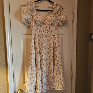 Windsor White Yellow Floral Midi Dress with Puff Sleeves